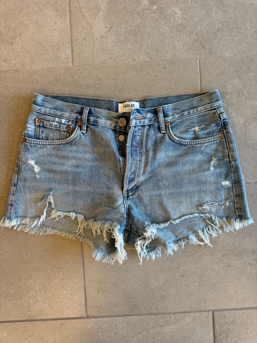 Agolde Light Blue Distressed Frayed Denim Shorts